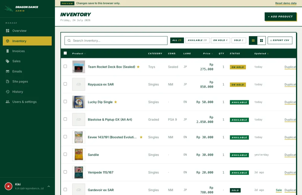 The Dragon Dance admin inventory: products with condition, language, price, quantity, and status