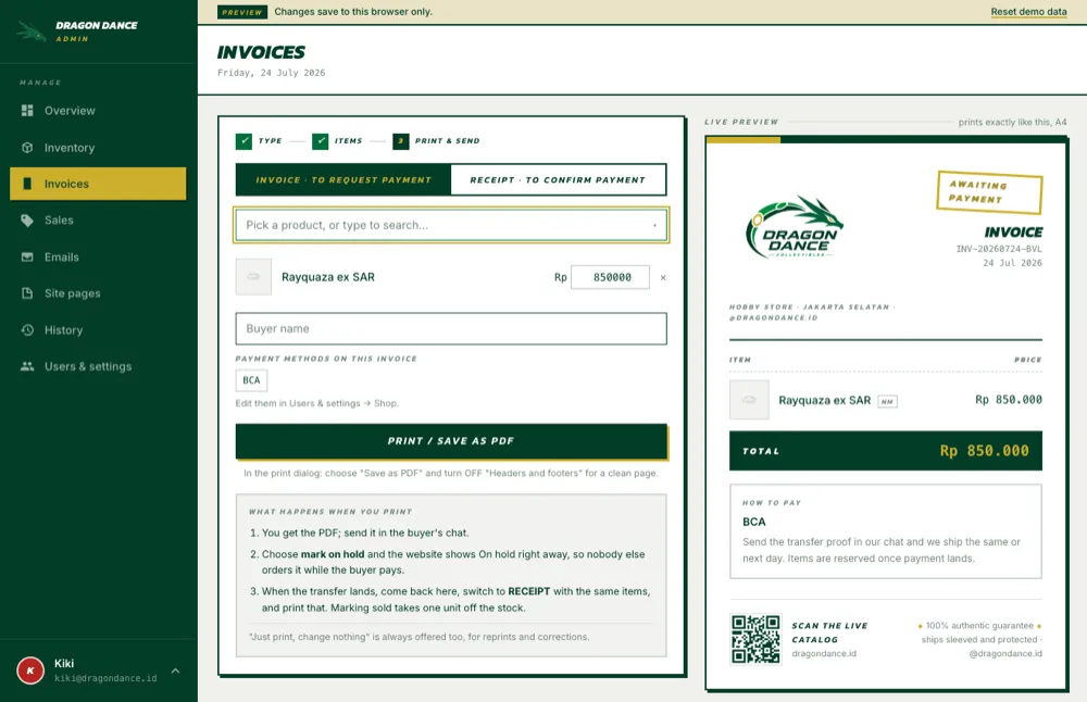 The invoice builder: pick a product, print as PDF, with a live A4 preview