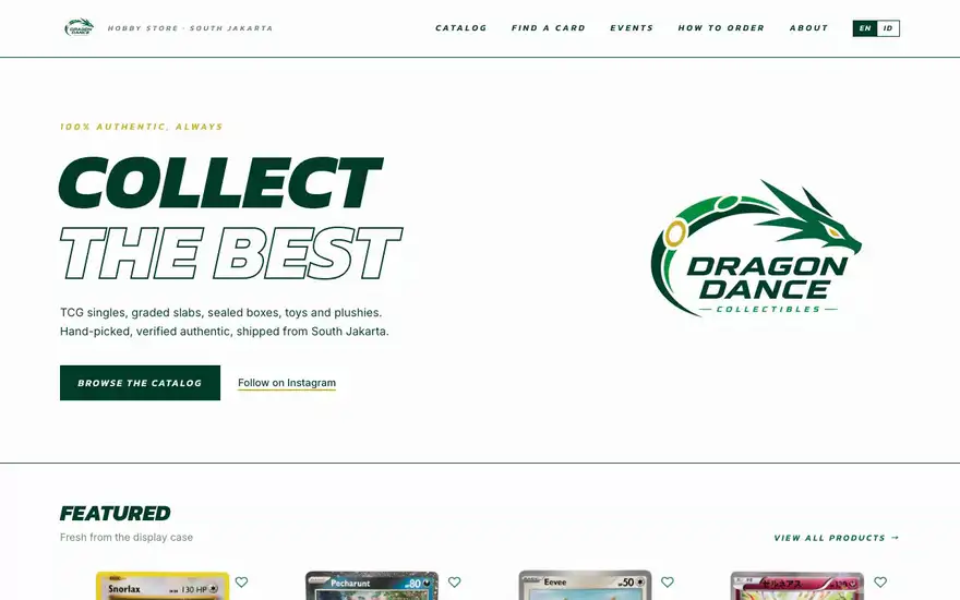 A tour of dragondance.id: scrolling the homepage, browsing the catalog, opening a product with its WhatsApp order button, then checking the events page